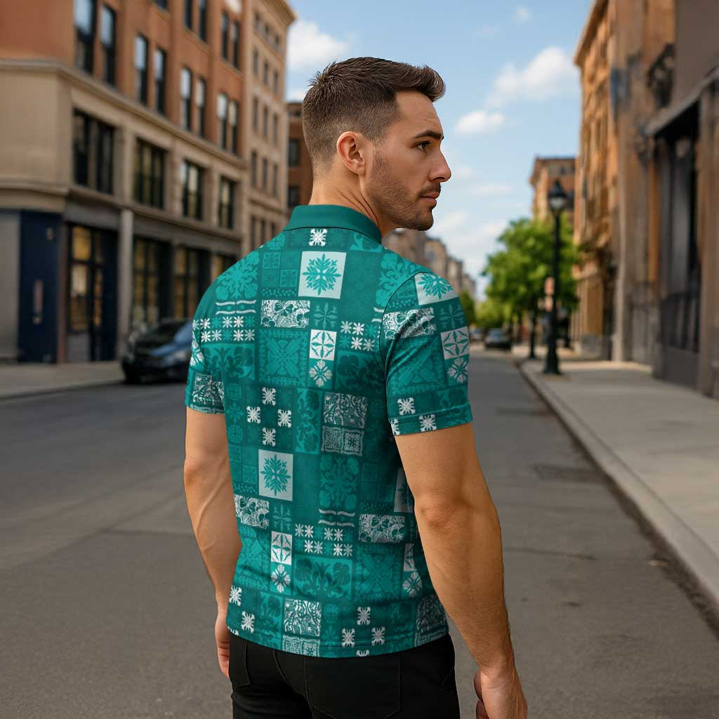 Vintage Hawaiian Quilting Patterns Zipper Polo Shirt Turquoise Style Tribal Fabric Patchwork - Polynesian Pride