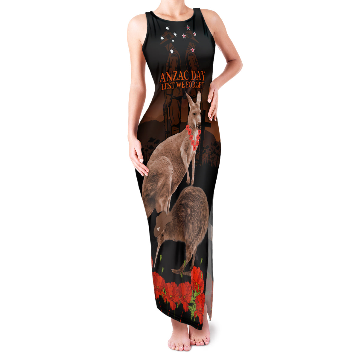 Kangaroo and Kiwi Bird ANZAC Day Custom Family Matching Tank Maxi Dress and Hawaiian Shirt Soldier Style LT9 Mom's Dress Black - Polynesian Pride