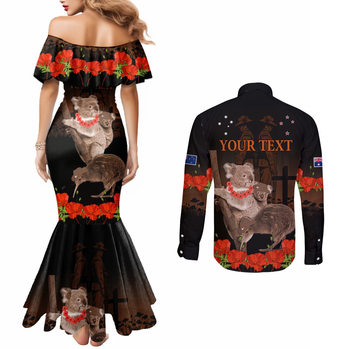 Koala and Kiwi Bird ANZAC Day Custom Couples Matching Mermaid Dress and Long Sleeve Button Shirt Soldier Style LT9 - Polynesian Pride