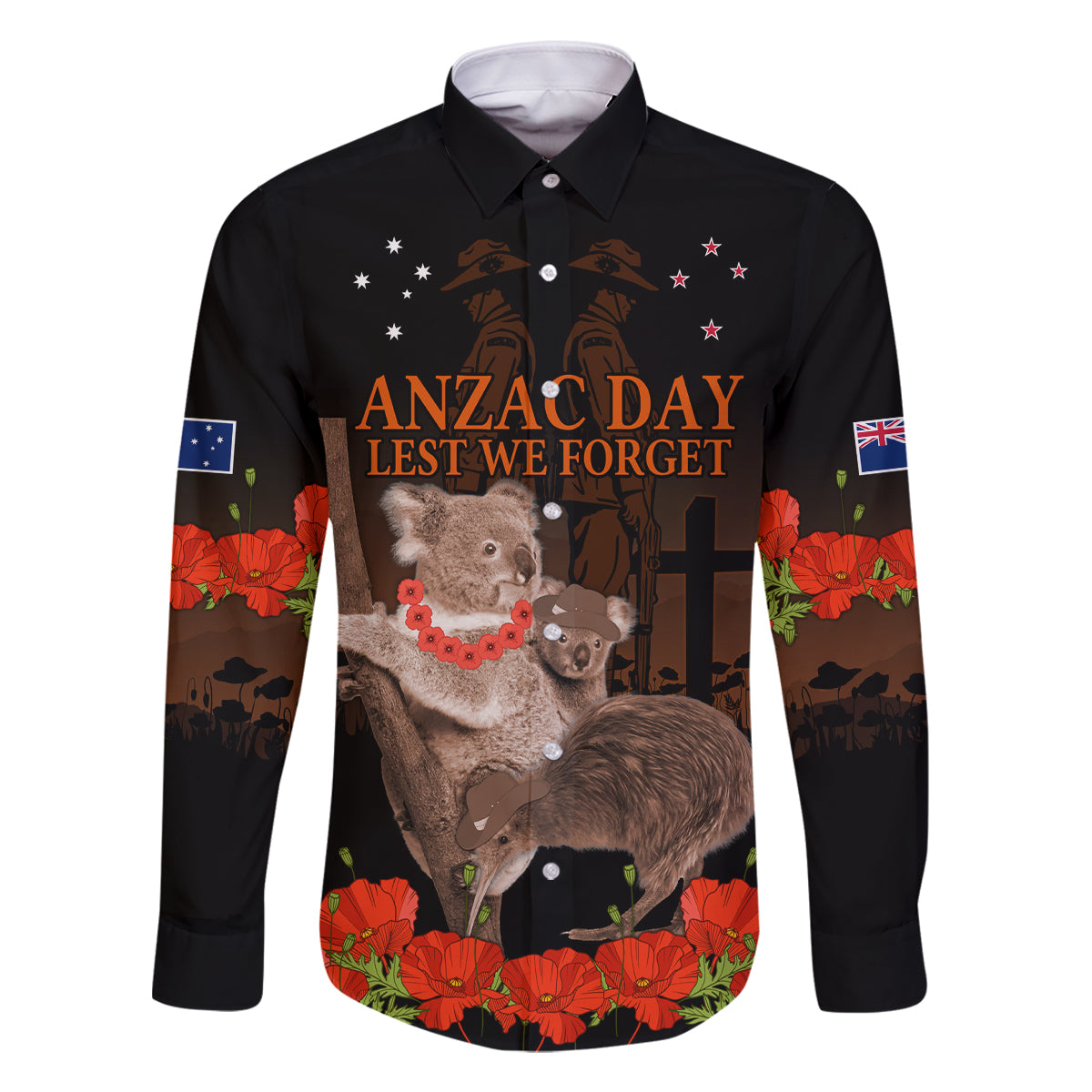 Koala and Kiwi Bird ANZAC Day Custom Family Matching Mermaid Dress and Hawaiian Shirt Soldier Style LT9 Dad's Shirt - Long Sleeve Black - Polynesian Pride