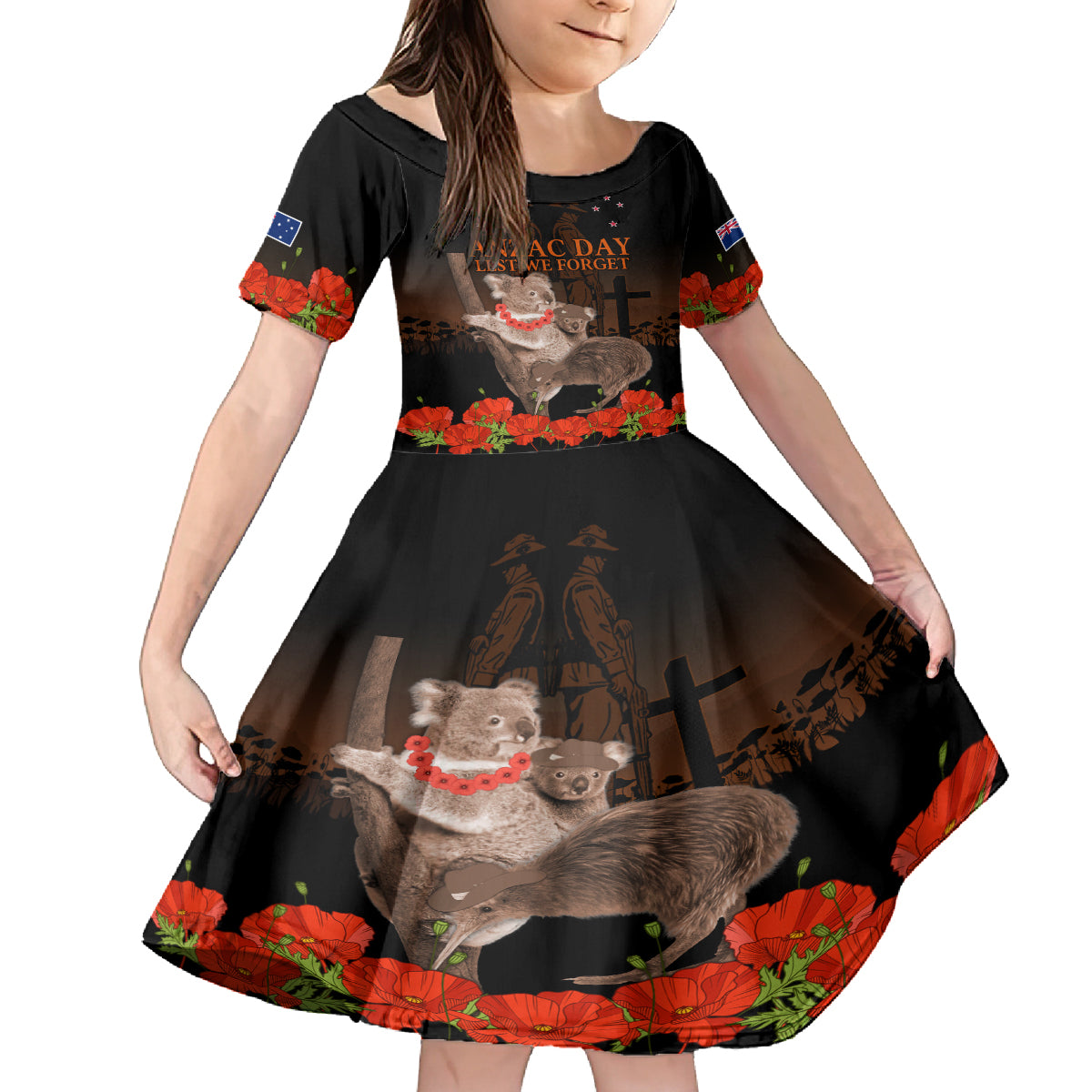 Koala and Kiwi Bird ANZAC Day Custom Family Matching Off Shoulder Short Dress and Hawaiian Shirt Soldier Style LT9 Daughter's Dress Black - Polynesian Pride