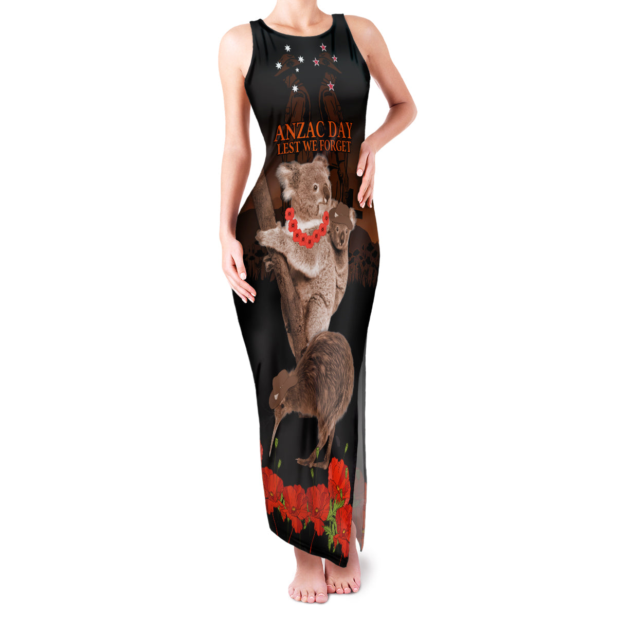 Koala and Kiwi Bird ANZAC Day Custom Family Matching Tank Maxi Dress and Hawaiian Shirt Soldier Style LT9 Mom's Dress Black - Polynesian Pride