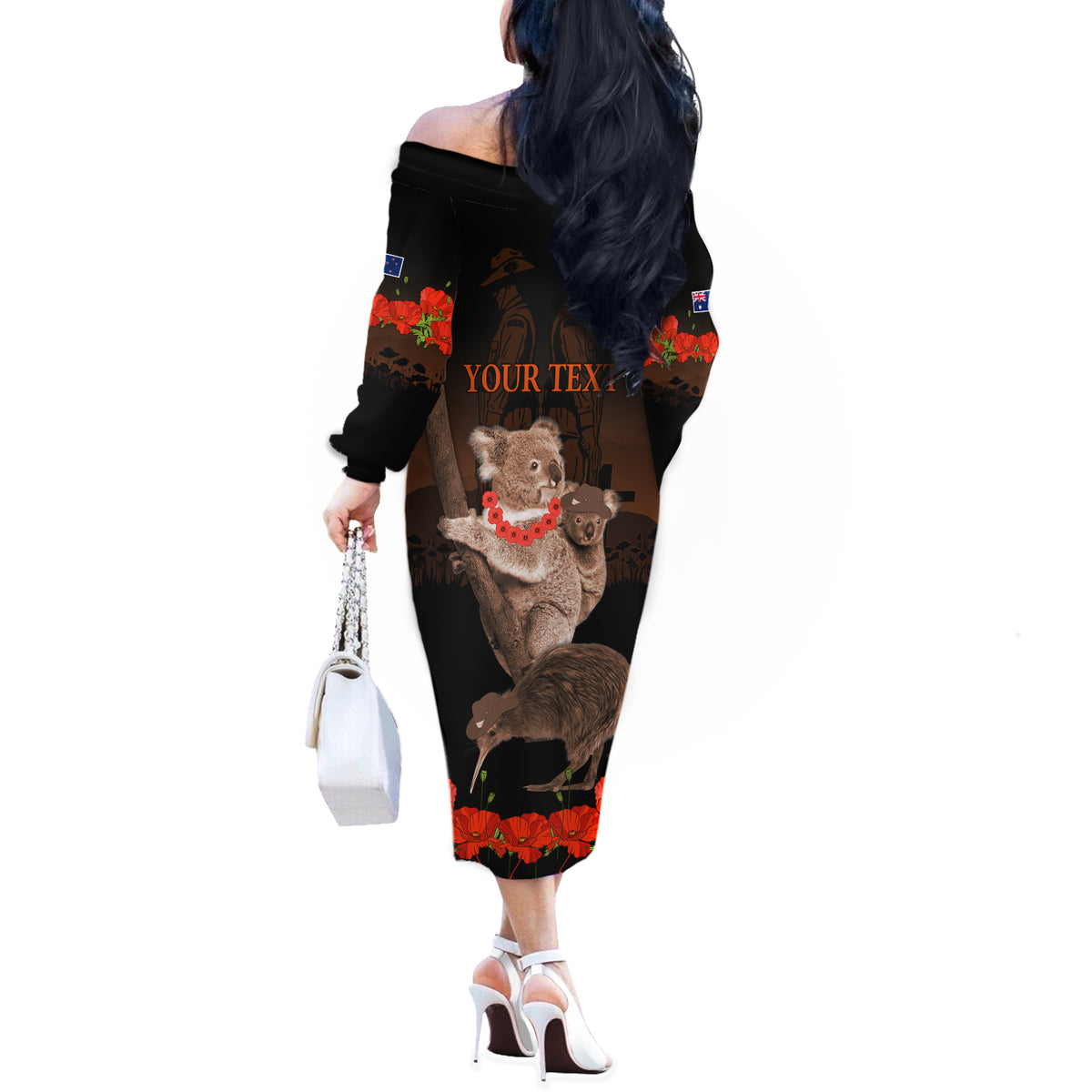 Koala and Kiwi Bird ANZAC Day Custom Off The Shoulder Long Sleeve Dress Soldier Style LT9 - Polynesian Pride