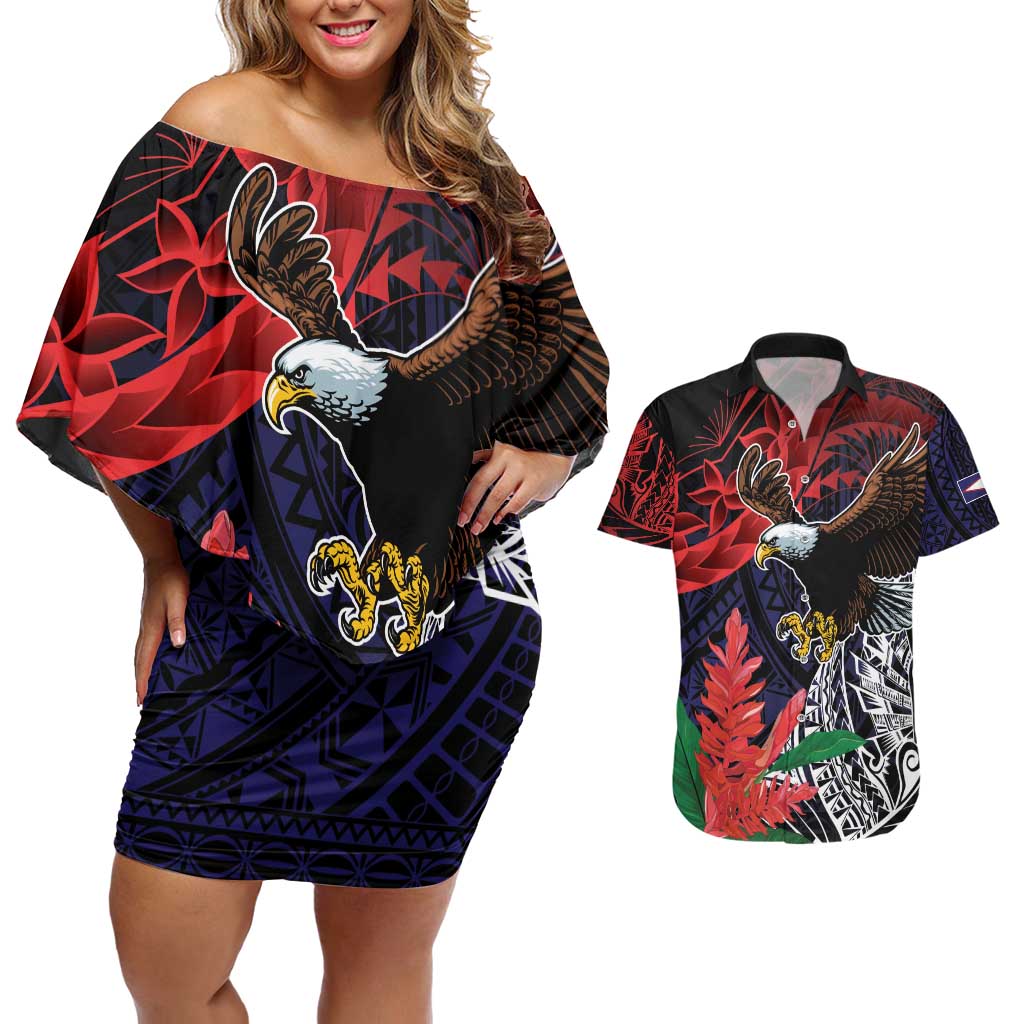 American Samoa Bald Eagle Personalized Couples Matching Off Shoulder Short Dress and Hawaiian Shirt Samoa Muamua Le Atua LT9 Blue - Polynesian Pride