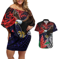 American Samoa Bald Eagle Personalized Couples Matching Off Shoulder Short Dress and Hawaiian Shirt Samoa Muamua Le Atua LT9 Blue - Polynesian Pride