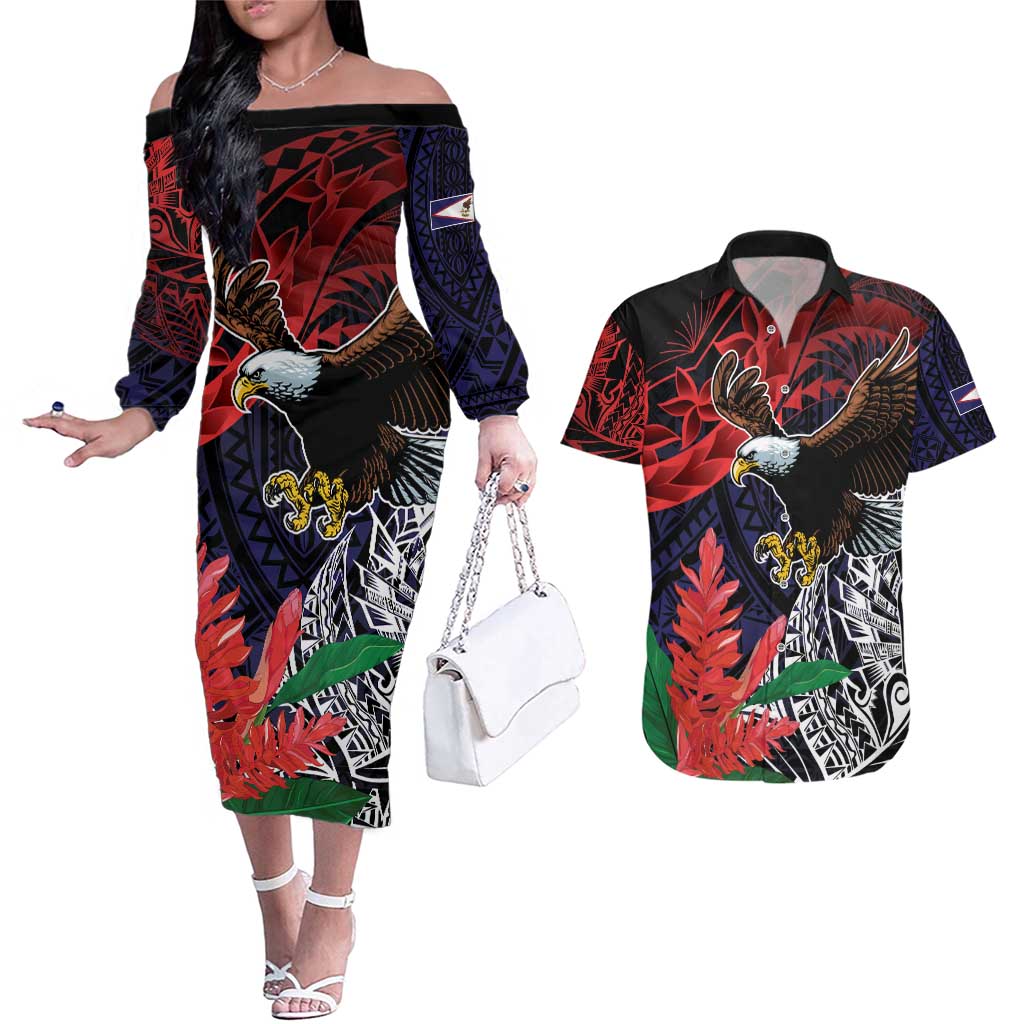 American Samoa Bald Eagle Personalized Couples Matching Off The Shoulder Long Sleeve Dress and Hawaiian Shirt Samoa Muamua Le Atua