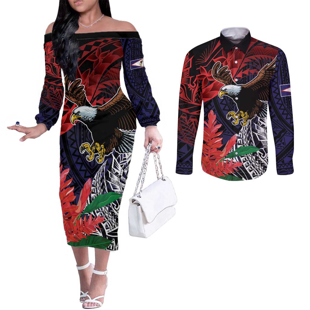 American Samoa Bald Eagle Personalized Couples Matching Off The Shoulder Long Sleeve Dress and Long Sleeve Button Shirt Samoa Muamua Le Atua