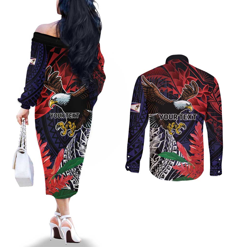 American Samoa Bald Eagle Personalized Couples Matching Off The Shoulder Long Sleeve Dress and Long Sleeve Button Shirt Samoa Muamua Le Atua