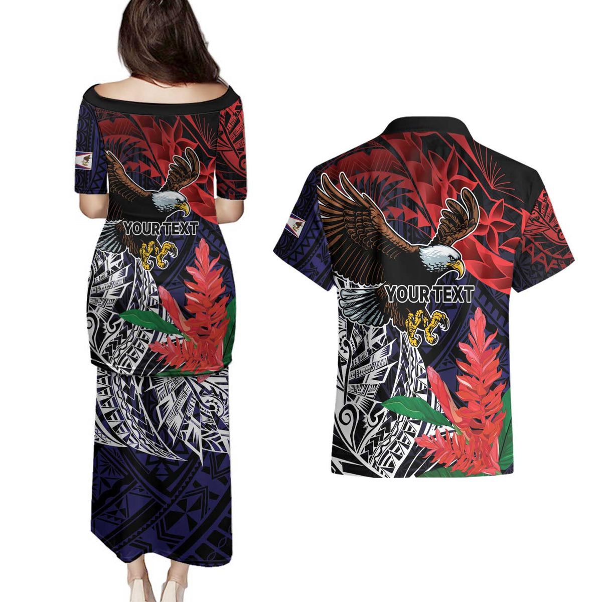 American Samoa Bald Eagle Personalized Couples Matching Puletasi and Hawaiian Shirt Samoa Muamua Le Atua