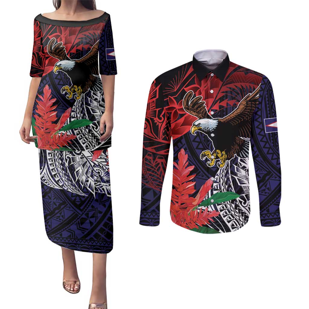 American Samoa Bald Eagle Personalized Couples Matching Puletasi and Long Sleeve Button Shirt Samoa Muamua Le Atua LT9 Blue - Polynesian Pride