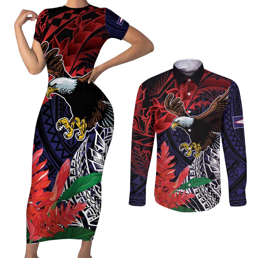 American Samoa Bald Eagle Personalized Couples Matching Short Sleeve Bodycon Dress and Long Sleeve Button Shirt Samoa Muamua Le Atua