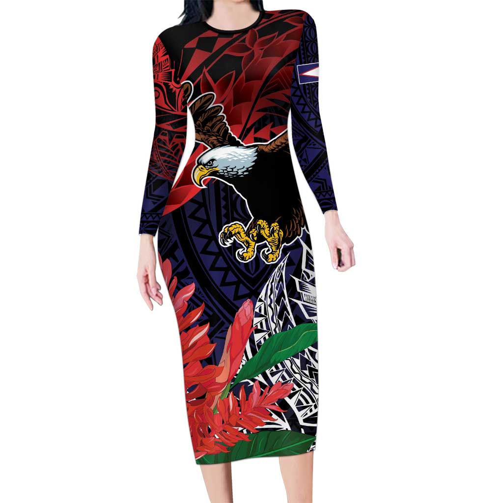 American Samoa Bald Eagle Personalized Family Matching Long Sleeve Bodycon Dress and Hawaiian Shirt Samoa Muamua Le Atua LT9 Mom's Dress Blue - Polynesian Pride