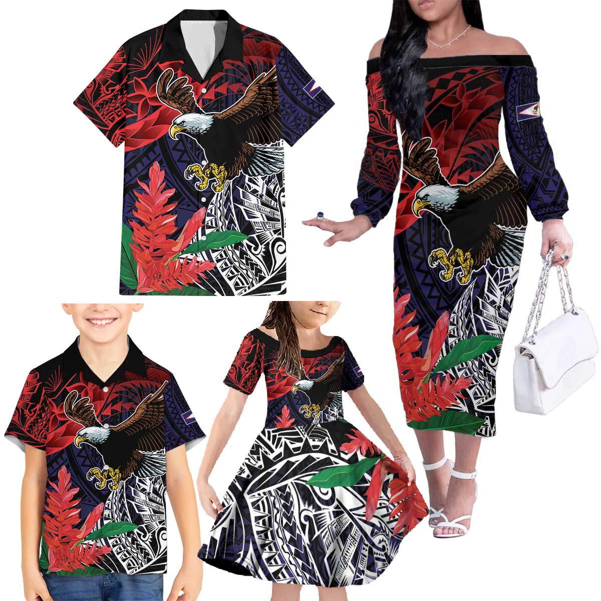 American Samoa Bald Eagle Personalized Family Matching Off The Shoulder Long Sleeve Dress and Hawaiian Shirt Samoa Muamua Le Atua LT9 - Polynesian Pride
