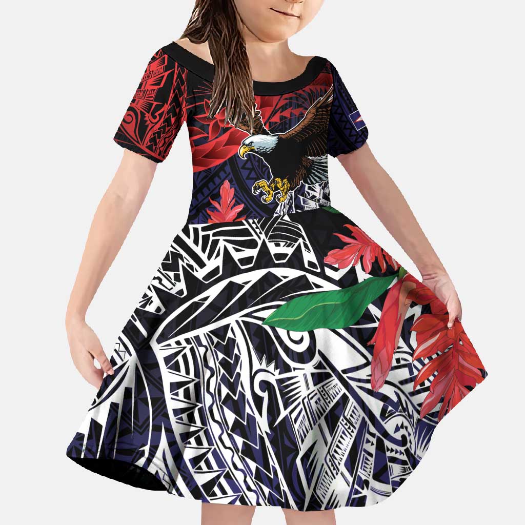American Samoa Bald Eagle Personalized Family Matching Short Sleeve Bodycon Dress and Hawaiian Shirt Samoa Muamua Le Atua LT9 Daughter's Dress Blue - Polynesian Pride