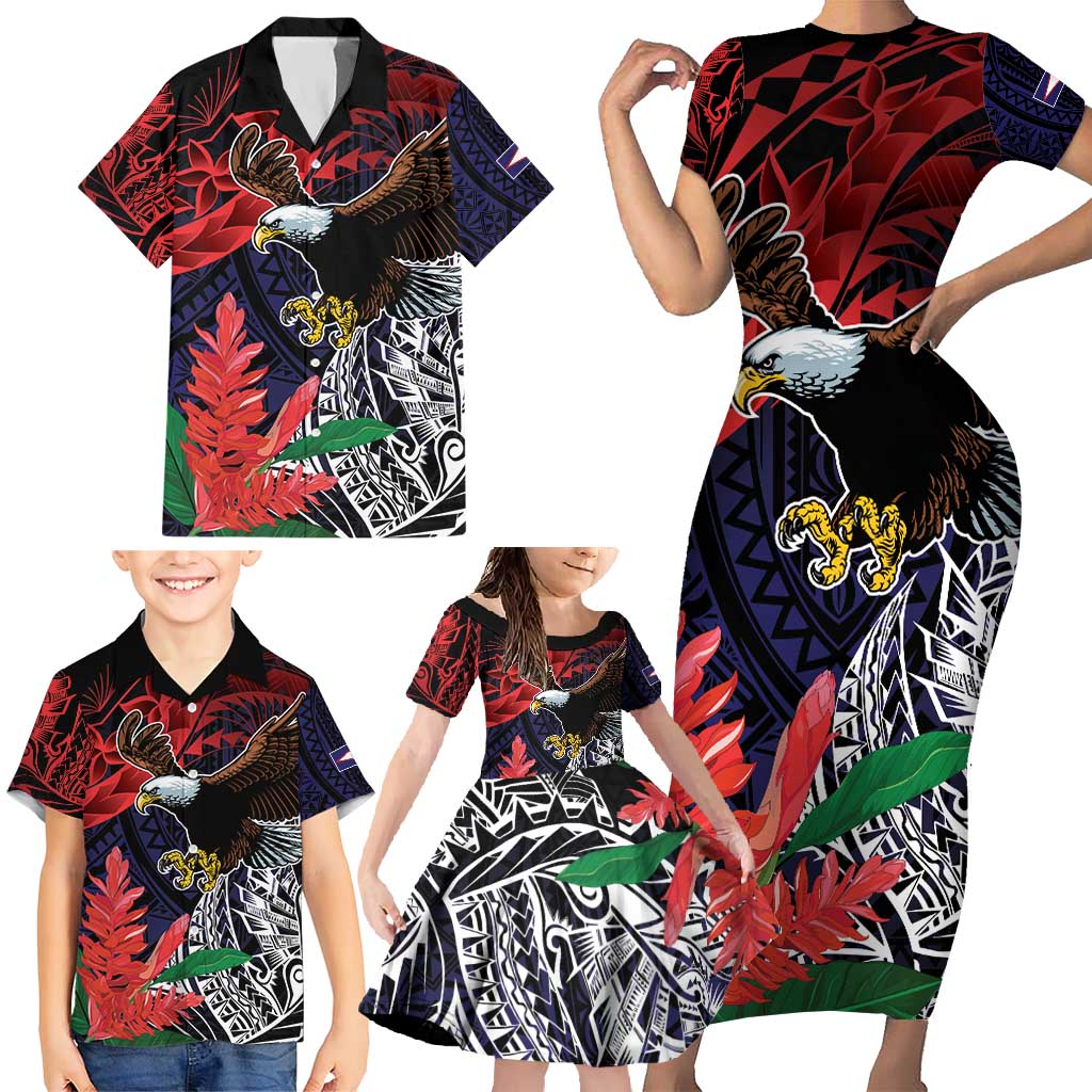 American Samoa Bald Eagle Personalized Family Matching Short Sleeve Bodycon Dress and Hawaiian Shirt Samoa Muamua Le Atua LT9 - Polynesian Pride
