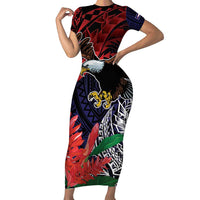 American Samoa Bald Eagle Personalized Family Matching Short Sleeve Bodycon Dress and Hawaiian Shirt Samoa Muamua Le Atua LT9 Mom's Dress Blue - Polynesian Pride