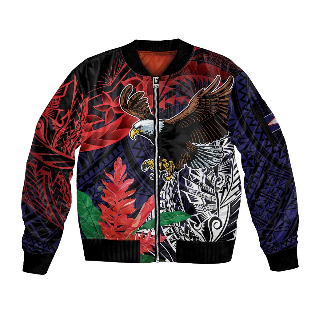 American Samoa Bald Eagle Personalized Sleeve Zip Bomber Jacket Samoa Muamua Le Atua LT9 Unisex Blue - Polynesian Pride