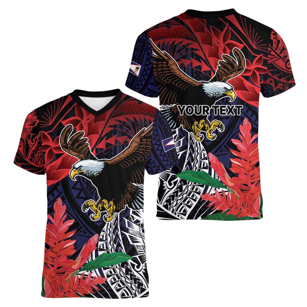 American Samoa Bald Eagle Personalized Women V-Neck T-Shirt Samoa Muamua Le Atua