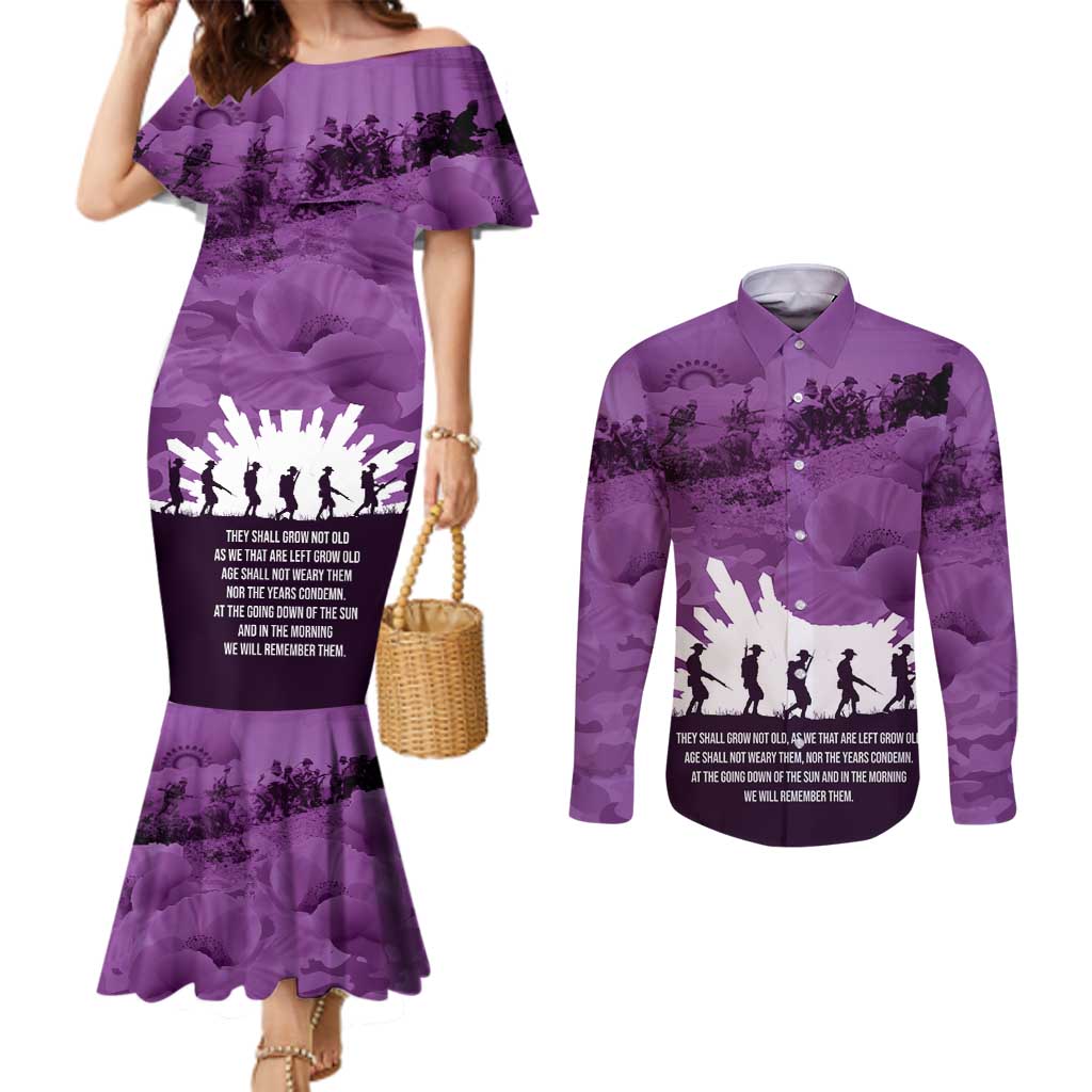 Anzac Day Gallipoli Personalised Couples Matching Mermaid Dress and Long Sleeve Button Shirt Purple Poppy Flowers LT9 Purple - Polynesian Pride