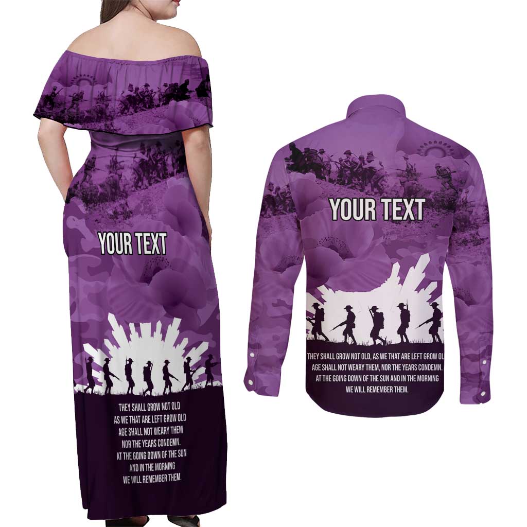 Anzac Day Gallipoli Personalised Couples Matching Off Shoulder Maxi Dress and Long Sleeve Button Shirt Purple Poppy Flowers LT9 - Polynesian Pride
