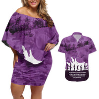 Anzac Day Gallipoli Personalised Couples Matching Off Shoulder Short Dress and Hawaiian Shirt Purple Poppy Flowers LT9 Purple - Polynesian Pride