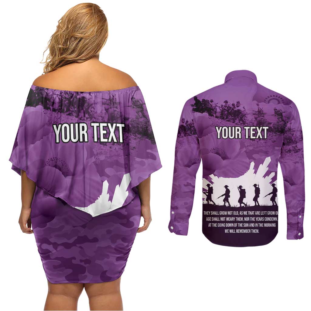 Anzac Day Gallipoli Personalised Couples Matching Off Shoulder Short Dress and Long Sleeve Button Shirt Purple Poppy Flowers LT9 - Polynesian Pride
