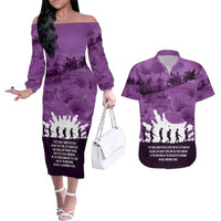 Anzac Day Gallipoli Personalised Couples Matching Off The Shoulder Long Sleeve Dress and Hawaiian Shirt Purple Poppy Flowers LT9 Purple - Polynesian Pride