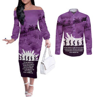 Anzac Day Gallipoli Personalised Couples Matching Off The Shoulder Long Sleeve Dress and Long Sleeve Button Shirt Purple Poppy Flowers LT9 Purple - Polynesian Pride