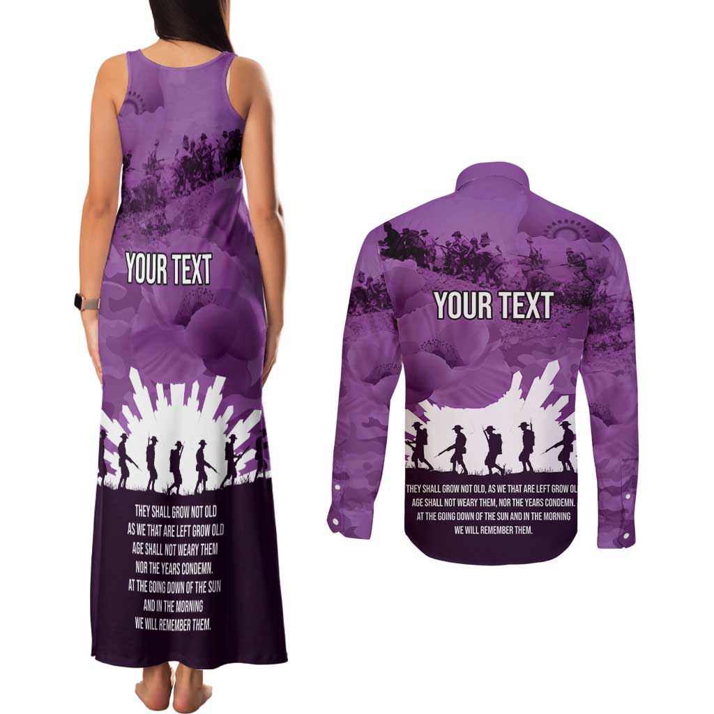 Anzac Day Gallipoli Personalised Couples Matching Tank Maxi Dress and Long Sleeve Button Shirt Purple Poppy Flowers LT9 - Polynesian Pride