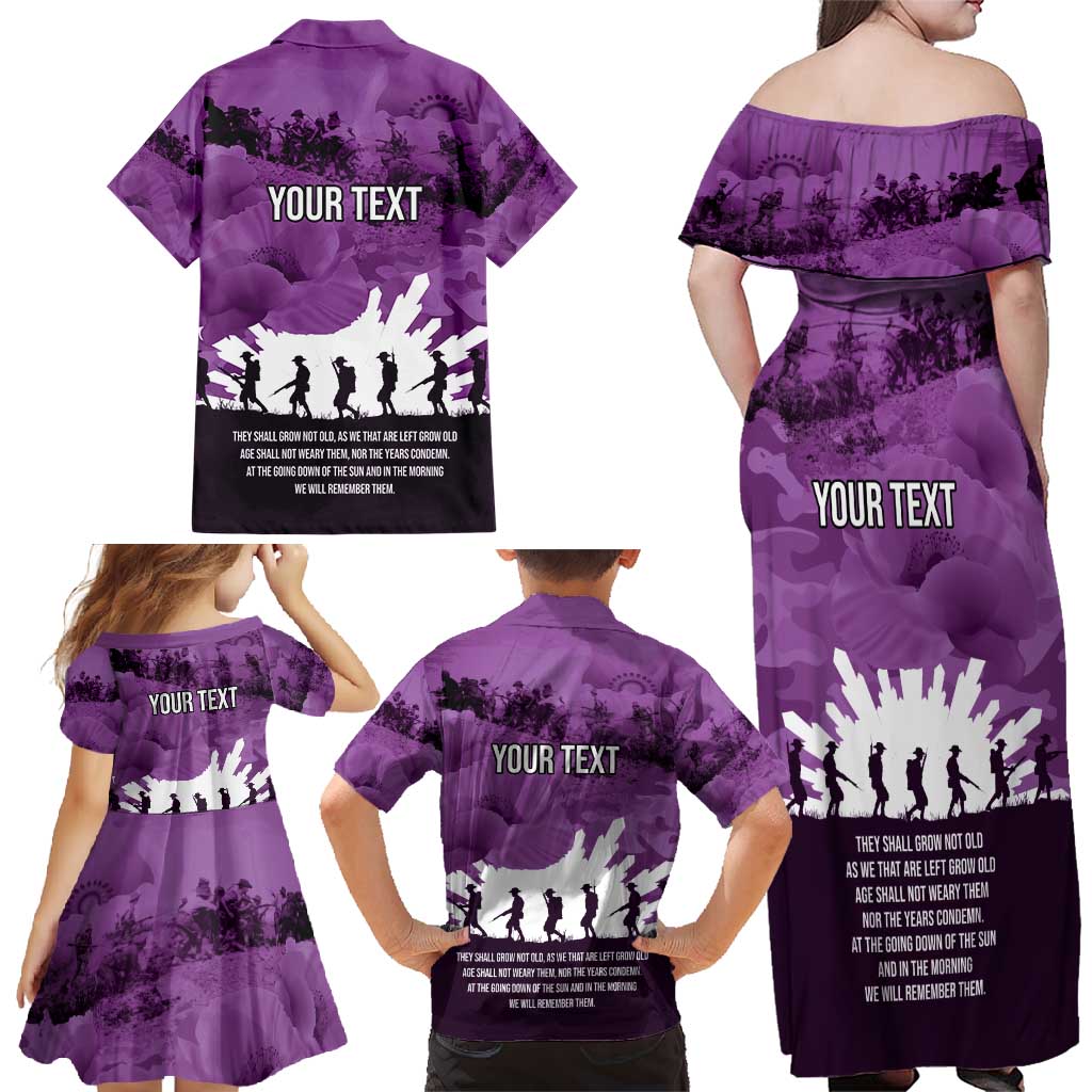 Anzac Day Gallipoli Personalised Family Matching Off Shoulder Maxi Dress and Hawaiian Shirt Purple Poppy Flowers LT9 - Polynesian Pride