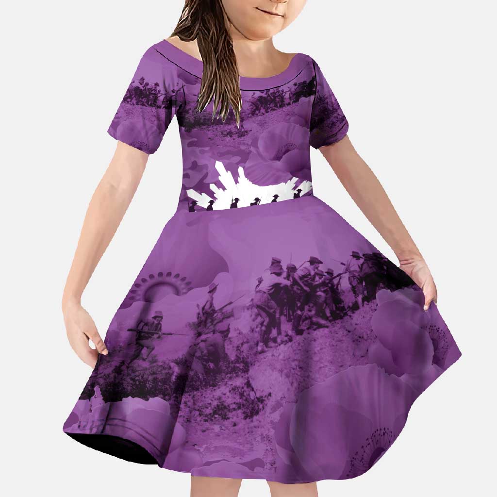 Anzac Day Gallipoli Personalised Family Matching Short Sleeve Bodycon Dress and Hawaiian Shirt Purple Poppy Flowers LT9 Daughter's Dress Purple - Polynesian Pride