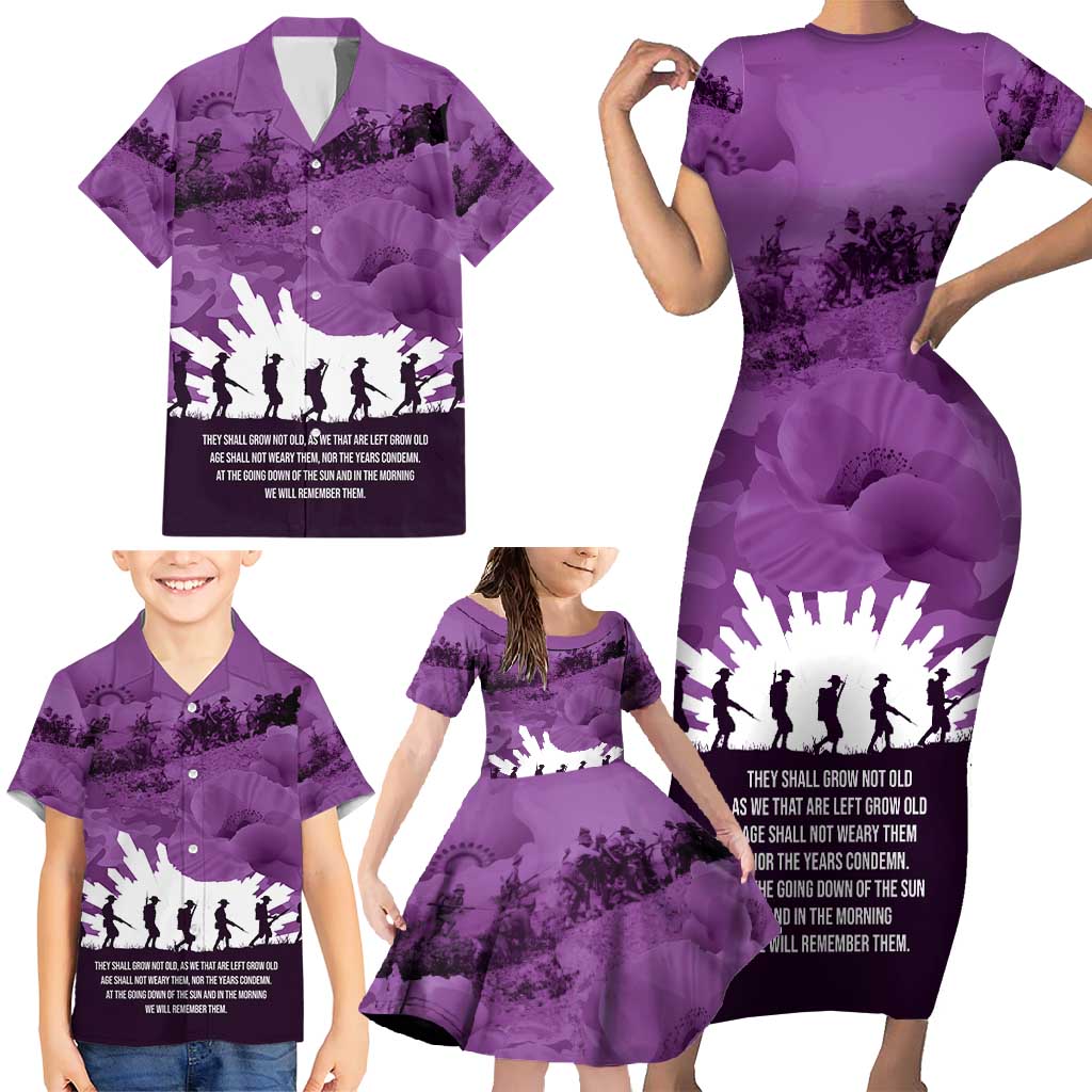 Anzac Day Gallipoli Personalised Family Matching Short Sleeve Bodycon Dress and Hawaiian Shirt Purple Poppy Flowers LT9 - Polynesian Pride