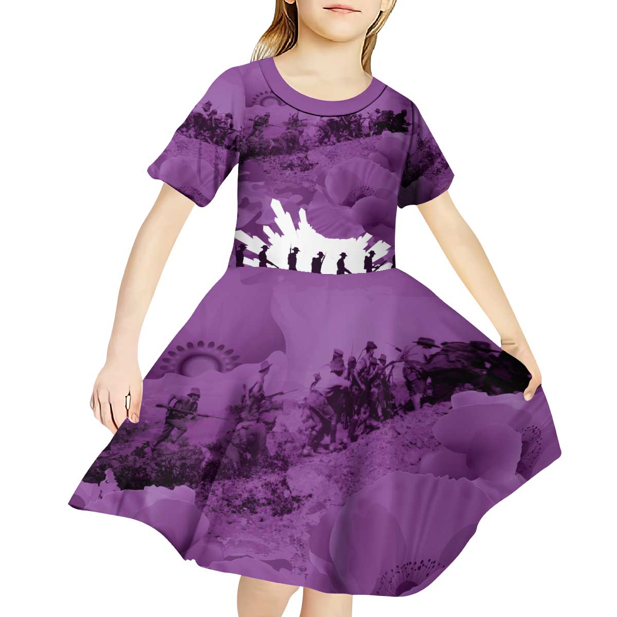 Anzac Day Gallipoli Personalised Kid Short Sleeve Dress Purple Poppy Flowers LT9 - Polynesian Pride
