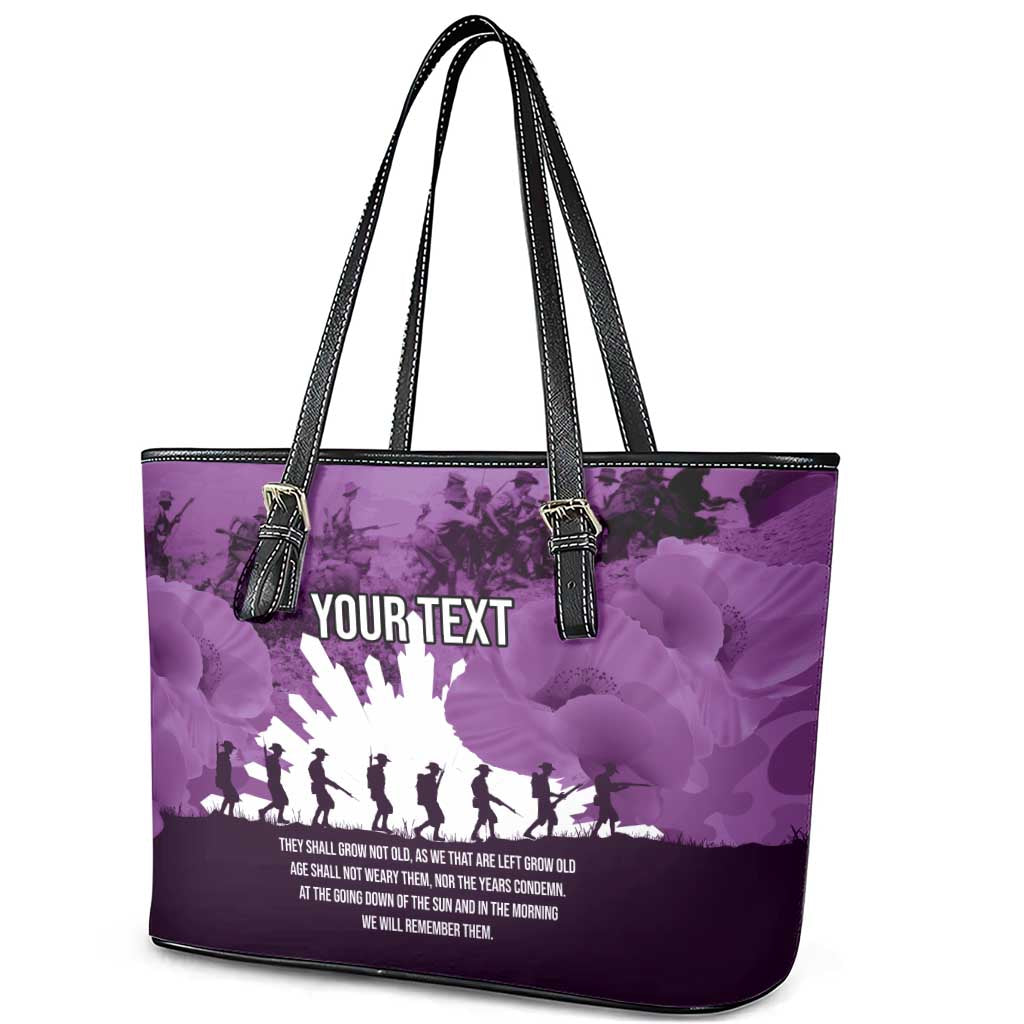Anzac Day Gallipoli Personalised Leather Tote Bag Purple Poppy Flowers