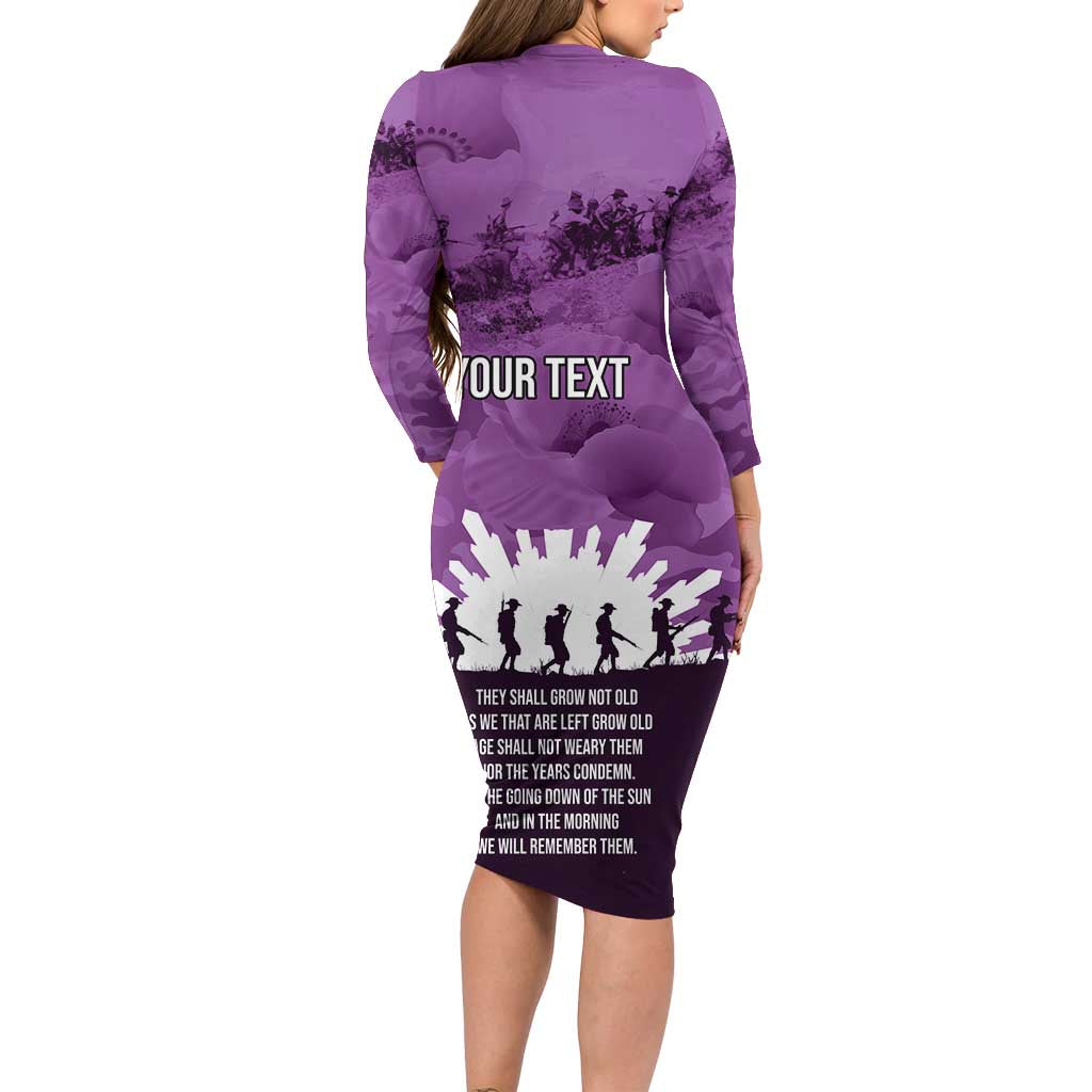 Anzac Day Gallipoli Personalised Long Sleeve Bodycon Dress Purple Poppy Flowers LT9 - Polynesian Pride