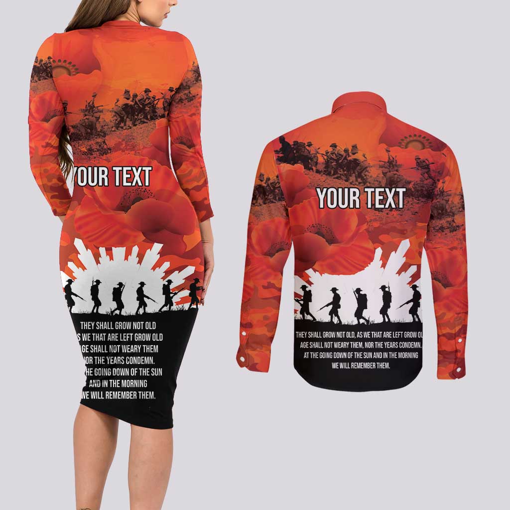 Anzac Day Gallipoli Personalised Couples Matching Long Sleeve Bodycon Dress and Long Sleeve Button Shirt Red Poppy Flowers LT9 - Polynesian Pride