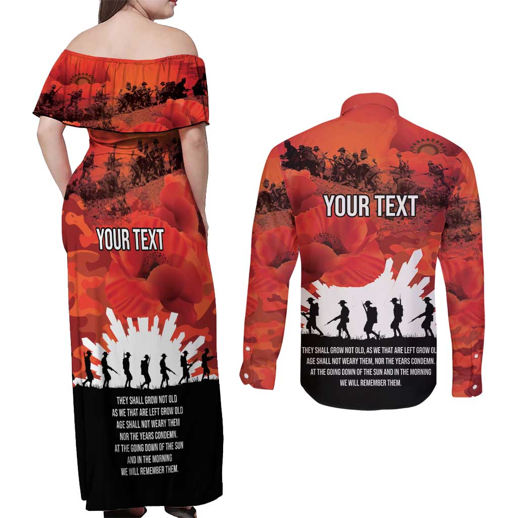 Anzac Day Gallipoli Personalised Couples Matching Off Shoulder Maxi Dress and Long Sleeve Button Shirt Red Poppy Flowers LT9 - Polynesian Pride