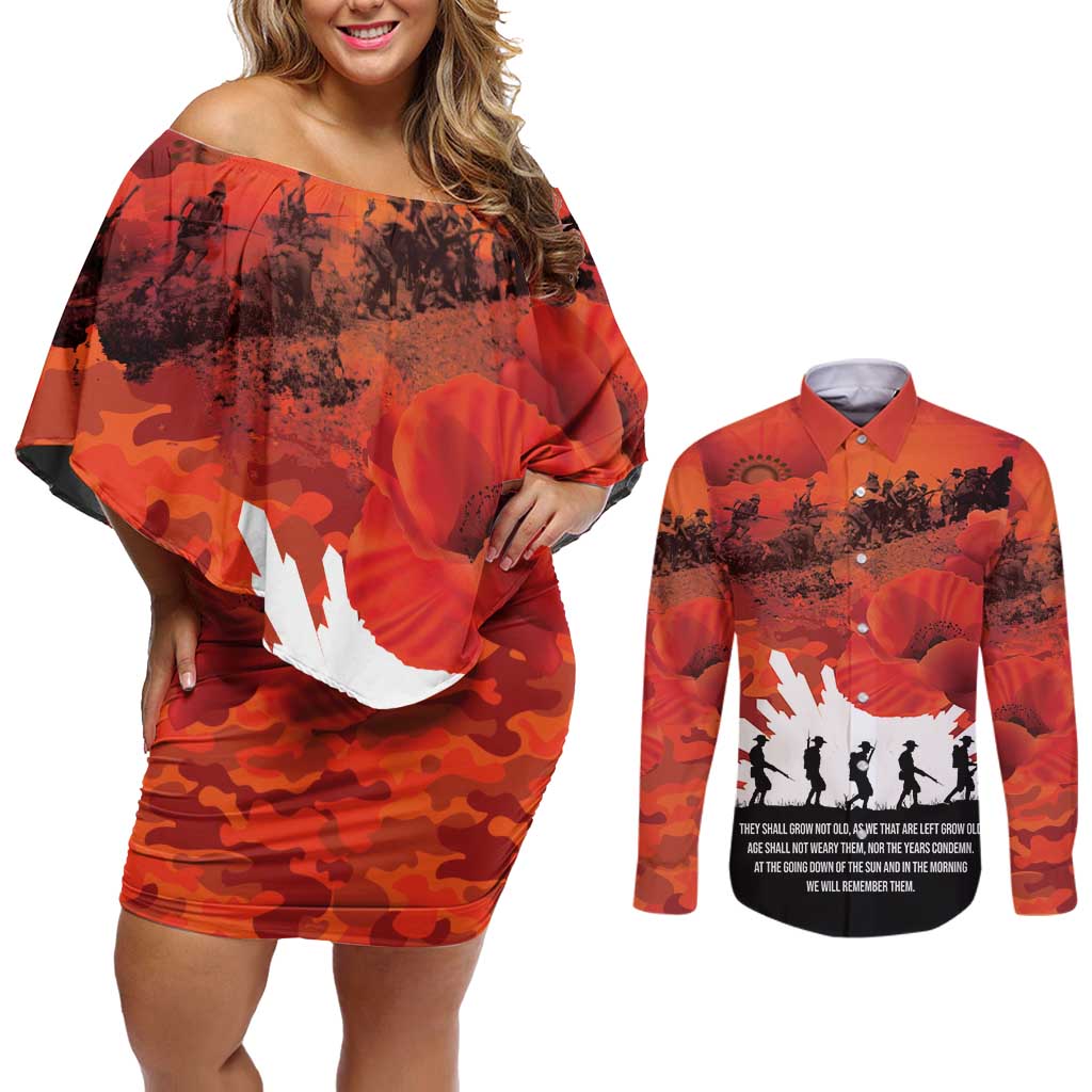 Anzac Day Gallipoli Personalised Couples Matching Off Shoulder Short Dress and Long Sleeve Button Shirt Red Poppy Flowers LT9 Red - Polynesian Pride