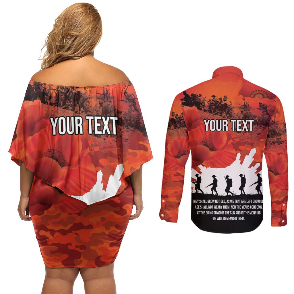 Anzac Day Gallipoli Personalised Couples Matching Off Shoulder Short Dress and Long Sleeve Button Shirt Red Poppy Flowers LT9 - Polynesian Pride