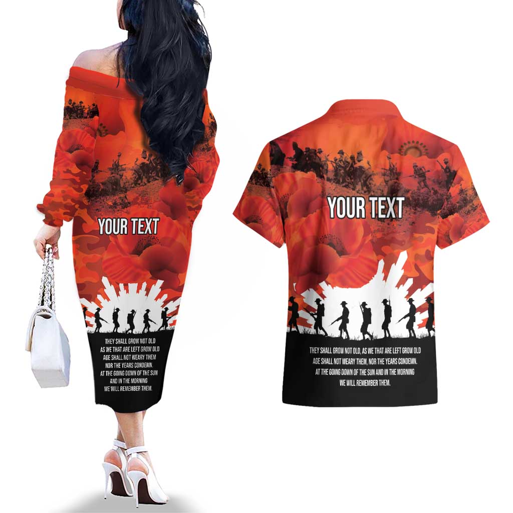 Anzac Day Gallipoli Personalised Couples Matching Off The Shoulder Long Sleeve Dress and Hawaiian Shirt Red Poppy Flowers LT9 - Polynesian Pride