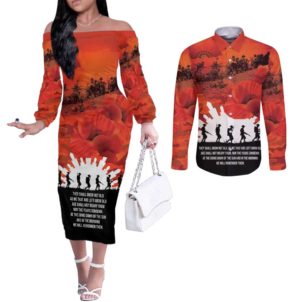 Anzac Day Gallipoli Personalised Couples Matching Off The Shoulder Long Sleeve Dress and Long Sleeve Button Shirt Red Poppy Flowers LT9 Red - Polynesian Pride