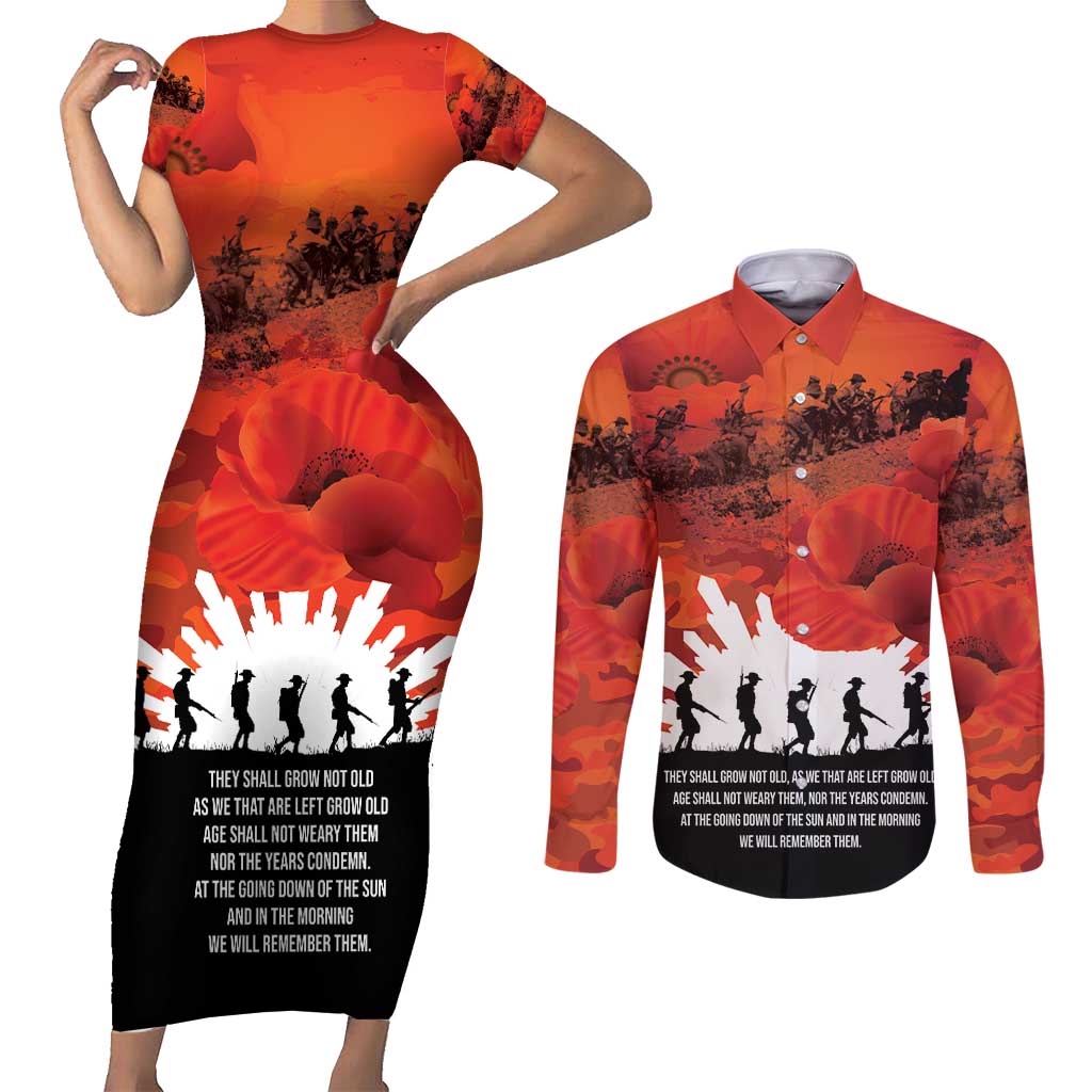 Anzac Day Gallipoli Personalised Couples Matching Short Sleeve Bodycon Dress and Long Sleeve Button Shirt Red Poppy Flowers LT9 Red - Polynesian Pride