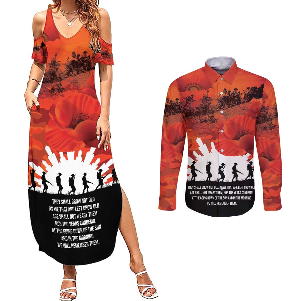 Anzac Day Gallipoli Personalised Couples Matching Summer Maxi Dress and Long Sleeve Button Shirt Red Poppy Flowers LT9 Red - Polynesian Pride