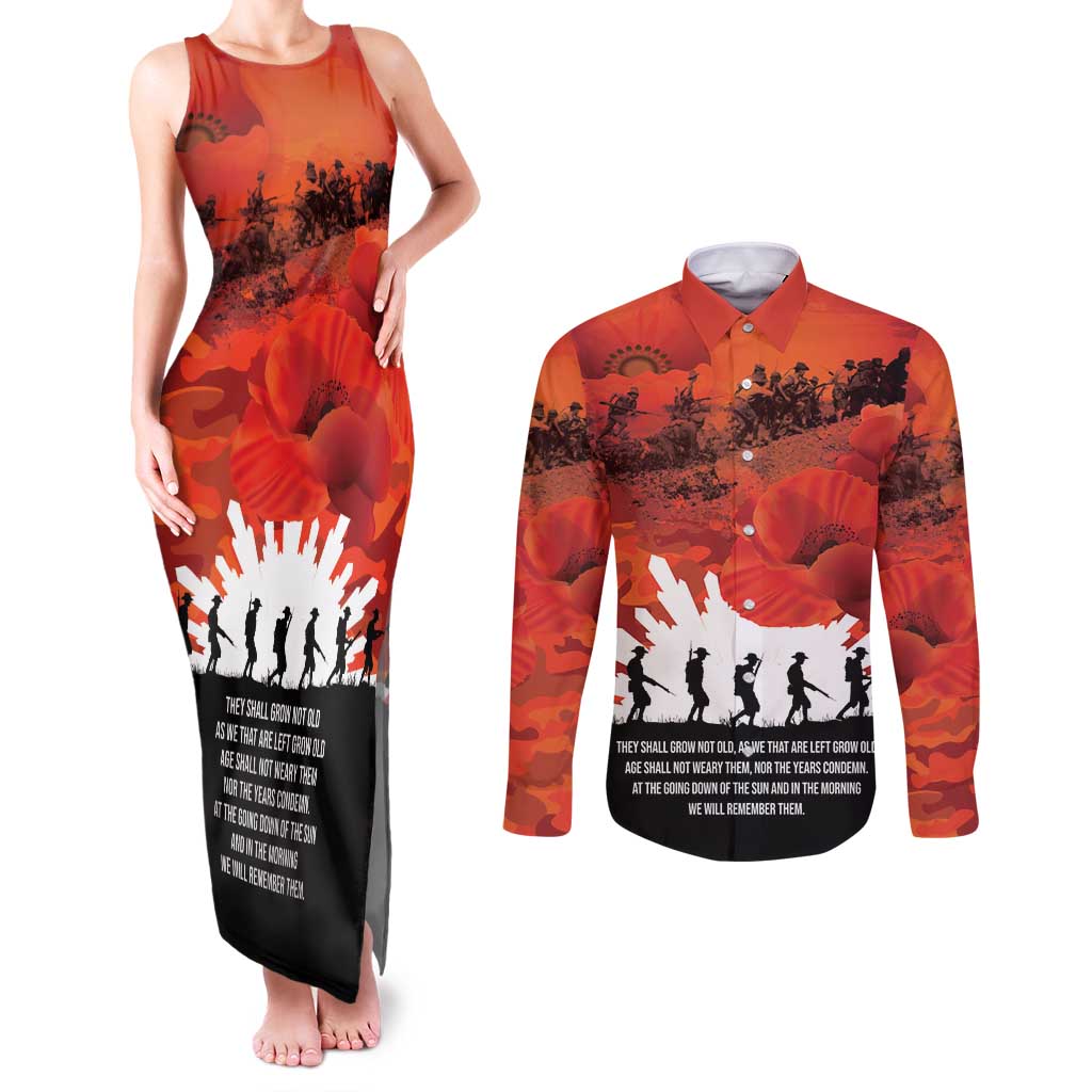 Anzac Day Gallipoli Personalised Couples Matching Tank Maxi Dress and Long Sleeve Button Shirt Red Poppy Flowers LT9 Red - Polynesian Pride