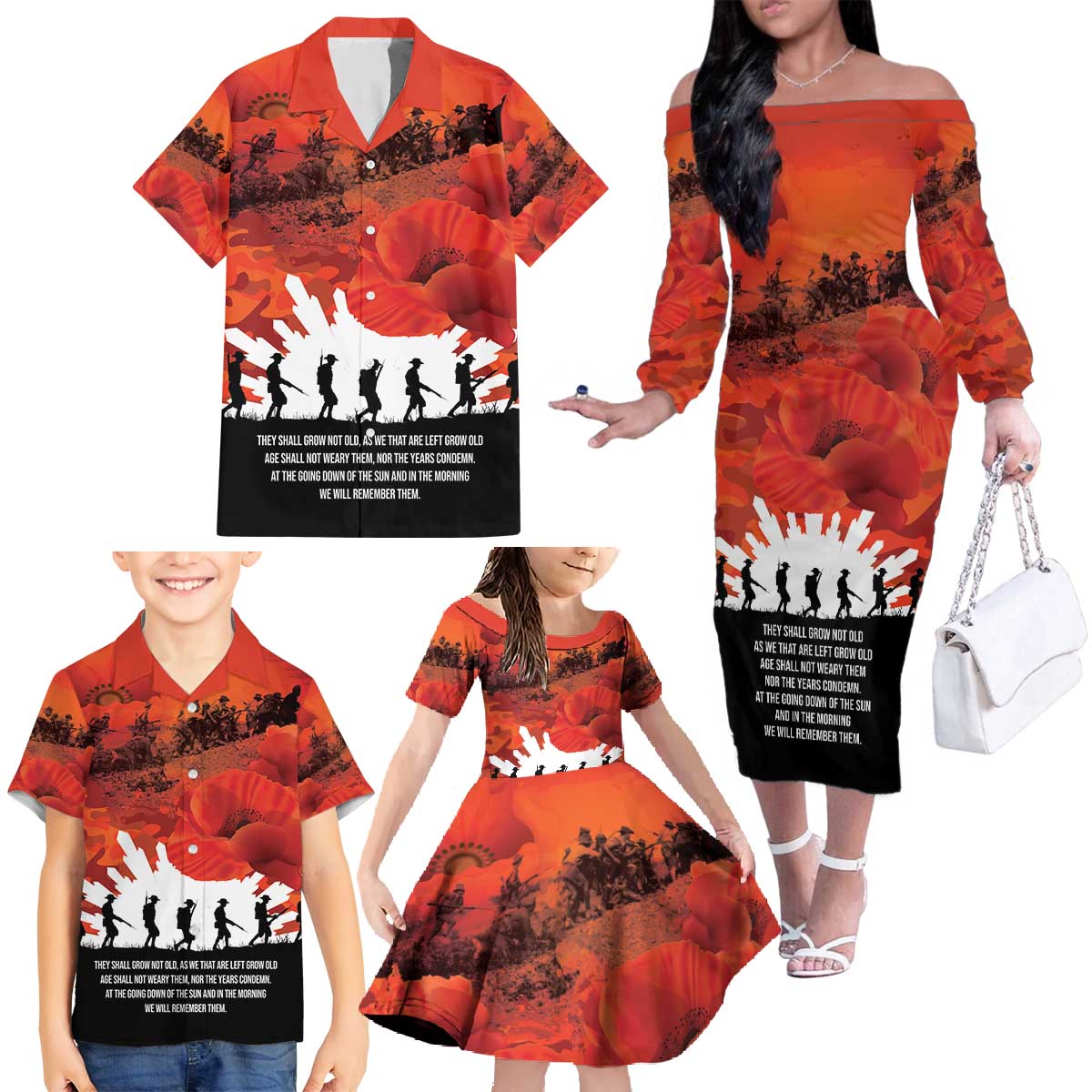 Anzac Day Gallipoli Personalised Family Matching Off The Shoulder Long Sleeve Dress and Hawaiian Shirt Red Poppy Flowers LT9 - Polynesian Pride