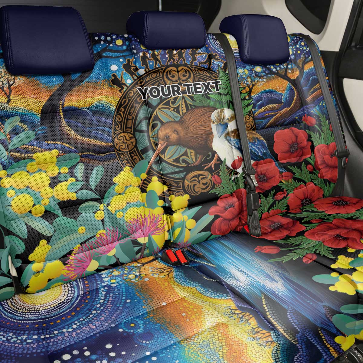 Kiwi-Kookaburra Bird ANZAC Personalised Back Car Seat Cover Aussie Golden Wattle Poppy Flowers LT9 - Polynesian Pride