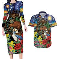 Kiwi-Kookaburra Bird ANZAC Personalised Couples Matching Long Sleeve Bodycon Dress and Hawaiian Shirt Aussie Golden Wattle Poppy Flowers LT9 Blue - Polynesian Pride