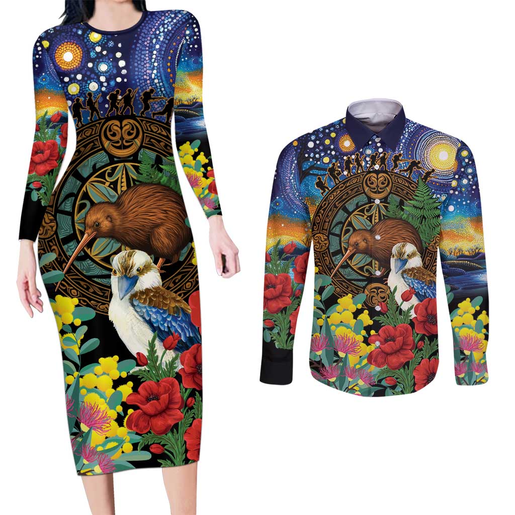 Kiwi-Kookaburra Bird ANZAC Personalised Couples Matching Long Sleeve Bodycon Dress and Long Sleeve Button Shirt Aussie Golden Wattle Poppy Flowers LT9 Blue - Polynesian Pride