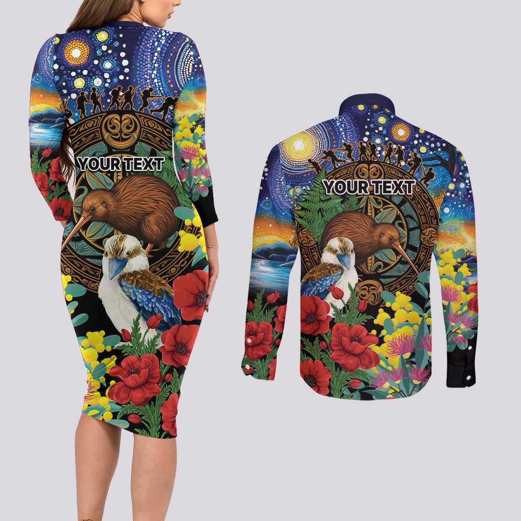 Kiwi-Kookaburra Bird ANZAC Personalised Couples Matching Long Sleeve Bodycon Dress and Long Sleeve Button Shirt Aussie Golden Wattle Poppy Flowers LT9 - Polynesian Pride