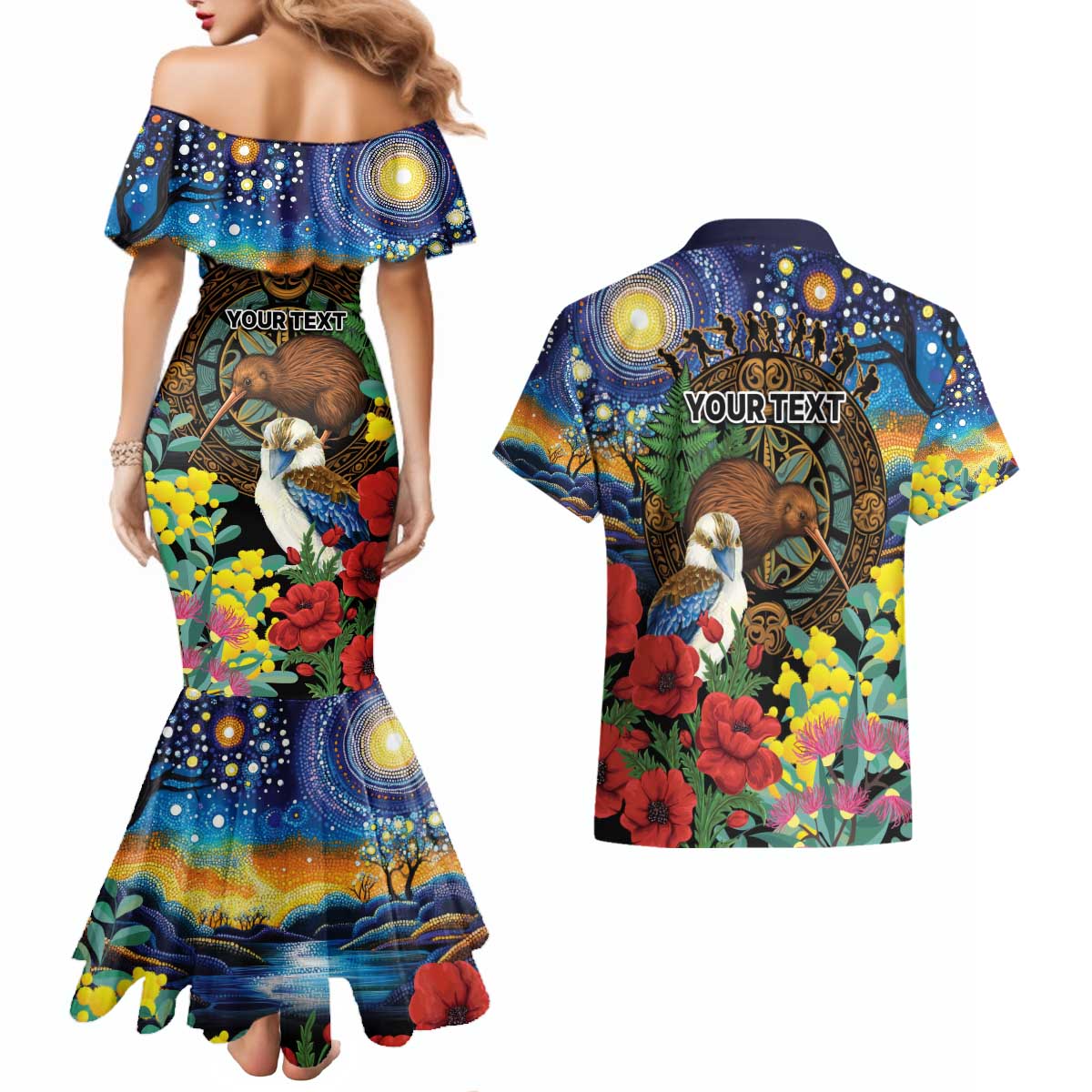 Kiwi-Kookaburra Bird ANZAC Personalised Couples Matching Mermaid Dress and Hawaiian Shirt Aussie Golden Wattle Poppy Flowers LT9 - Polynesian Pride